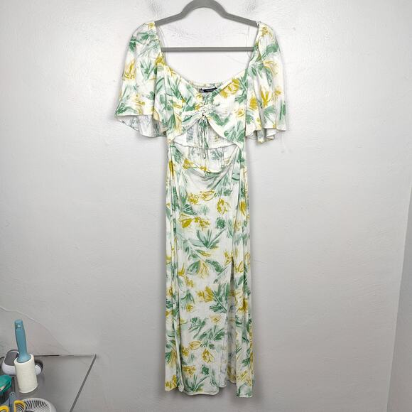 Zara Cutout Midi Dress Women XS White Floral Print Beachy Linen Slit White Lotus - Picture 1 of 9